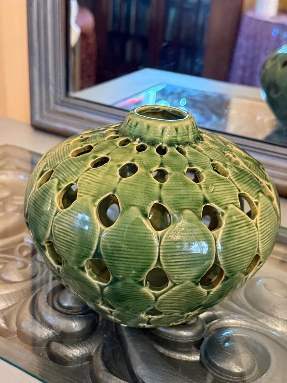 Vintage Green Leaf Reticulated Glazed Ceramic Lantern Vase